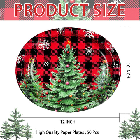 50Pcs Red Black Plaid Xmas Tree Oval Paper Plates - Grencian