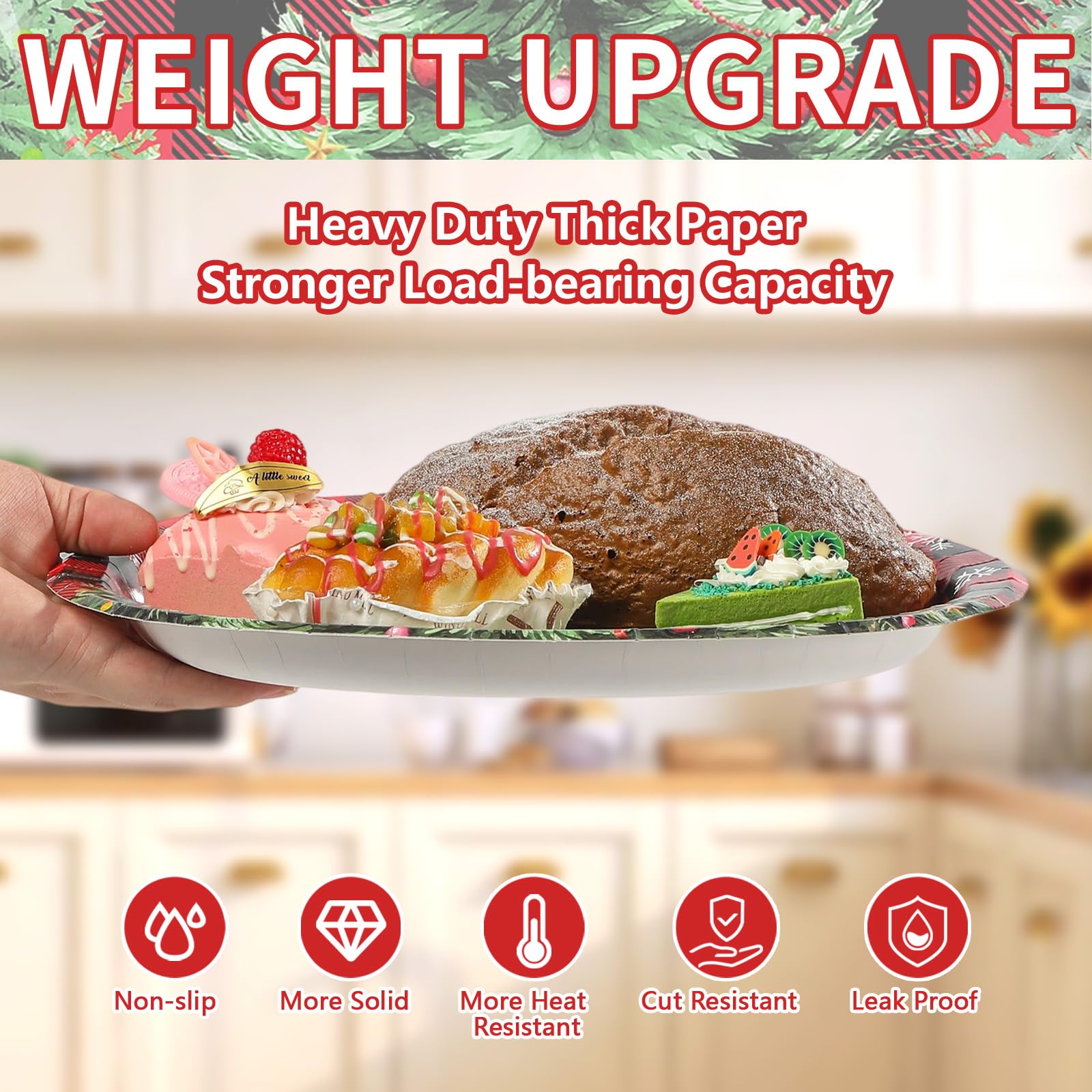 50Pcs Red Black Plaid Xmas Tree Oval Paper Plates - Grencian