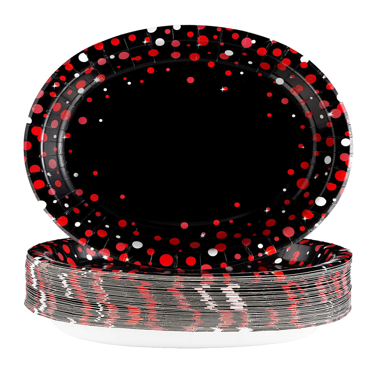 50Pcs Red Dot on Black Oval Paper Plates - Grencian