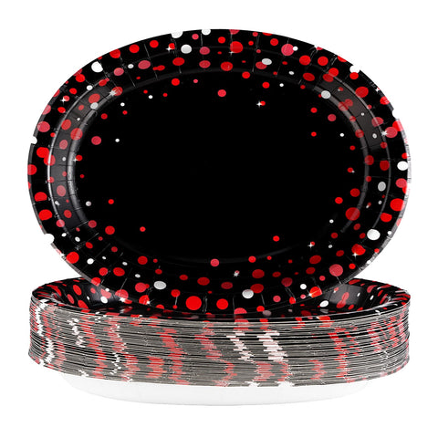 50Pcs Red Dot on Black Oval Paper Plates - Grencian