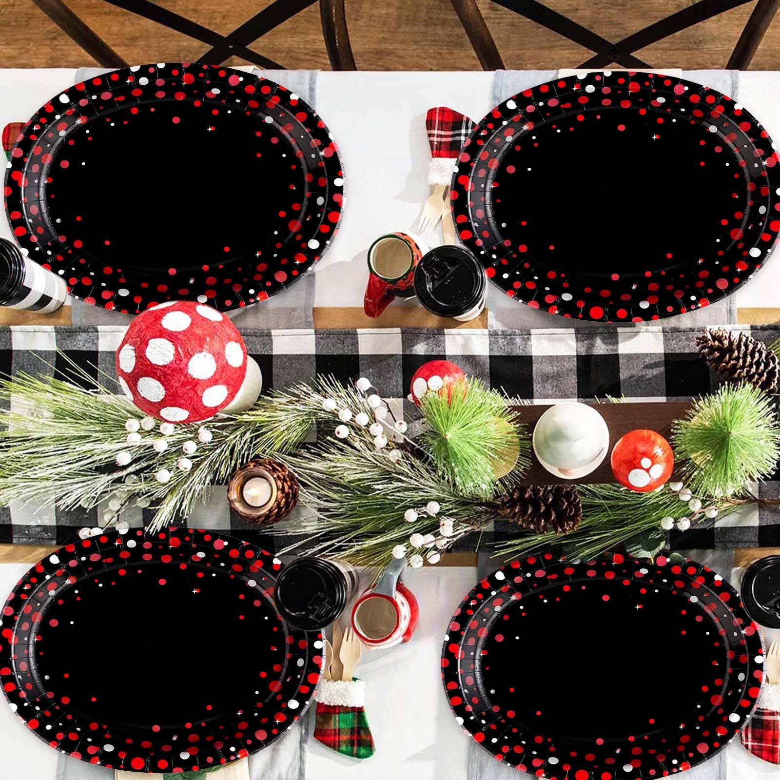 50Pcs Red Dot on Black Oval Paper Plates - Grencian