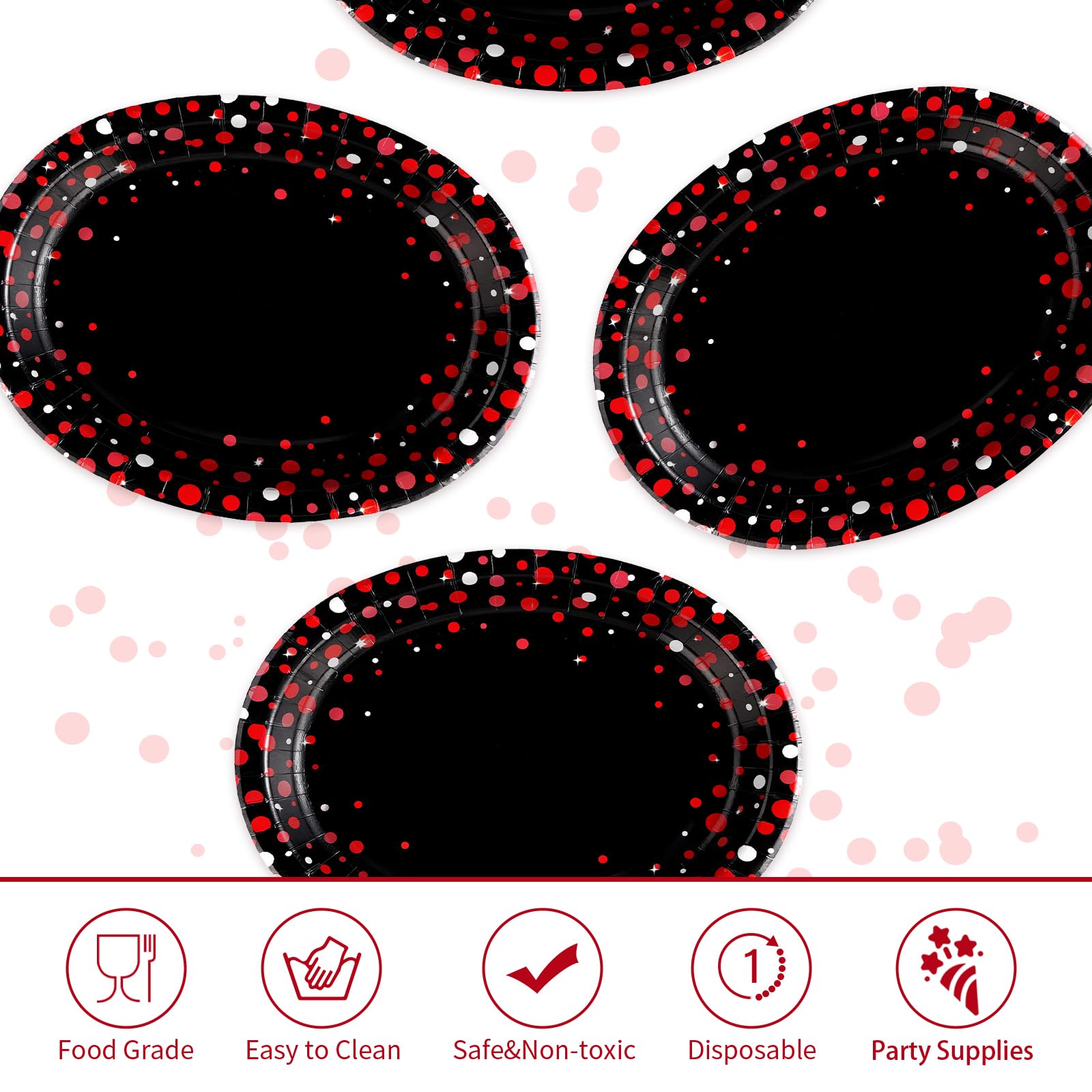50Pcs Red Dot on Black Oval Paper Plates - Grencian