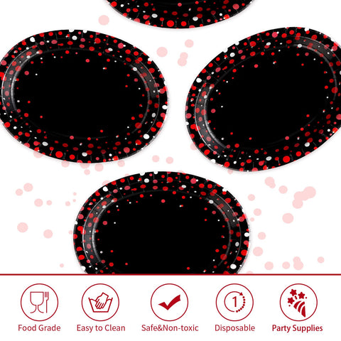 50Pcs Red Dot on Black Oval Paper Plates - Grencian