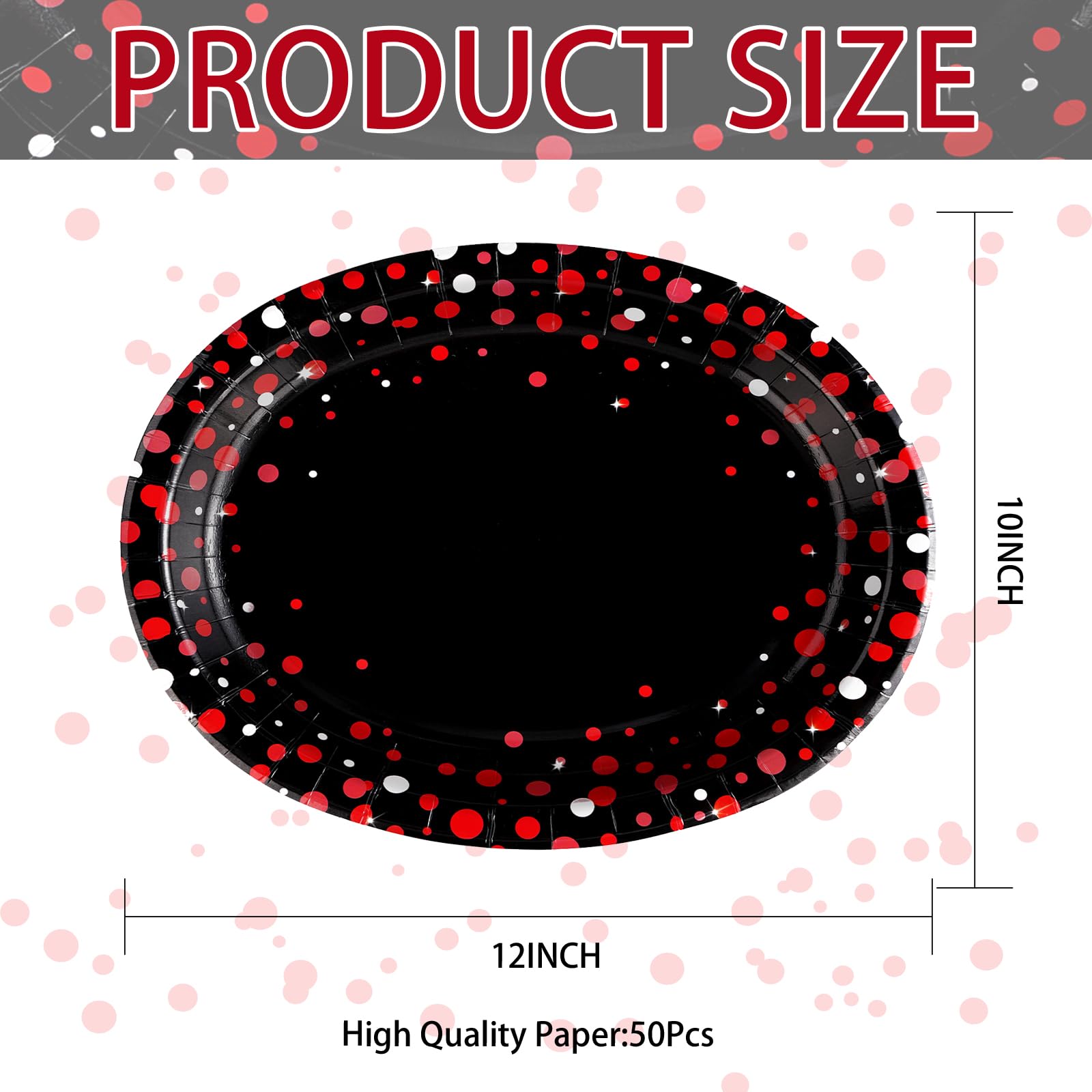 50Pcs Red Dot on Black Oval Paper Plates - Grencian
