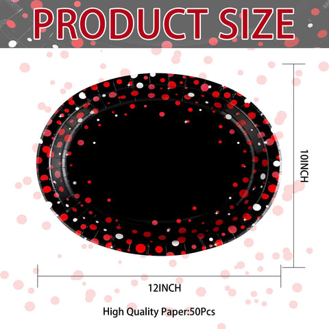 50Pcs Red Dot on Black Oval Paper Plates - Grencian