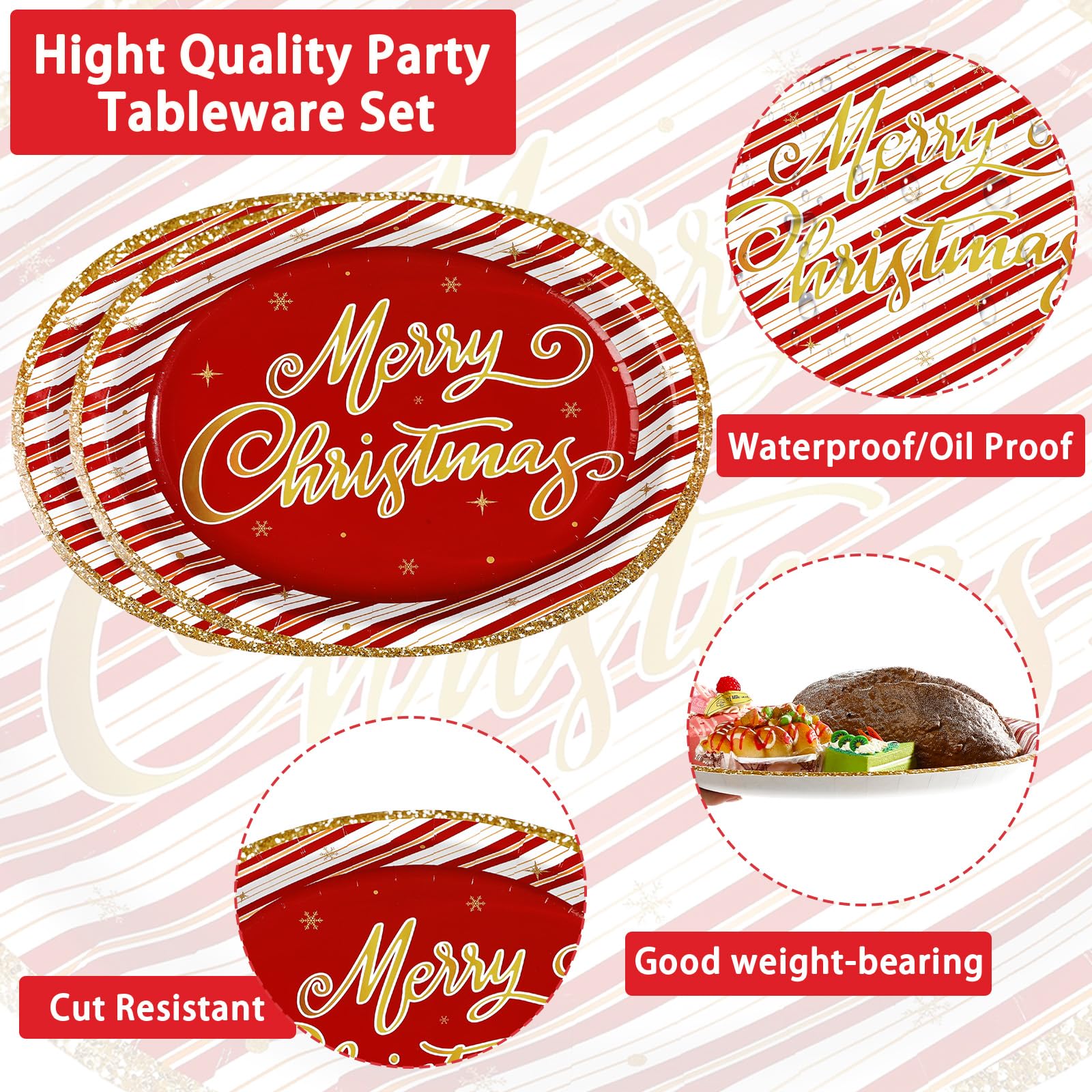 50Pcs Red Gold Foil Stripe Oval Paper Plates - Grencian