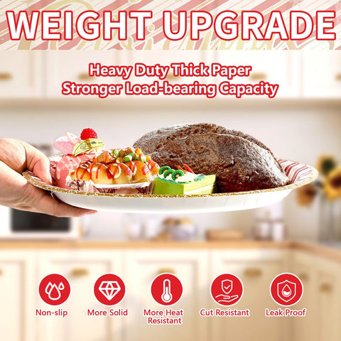 50Pcs Red Gold Foil Stripe Oval Paper Plates - Grencian