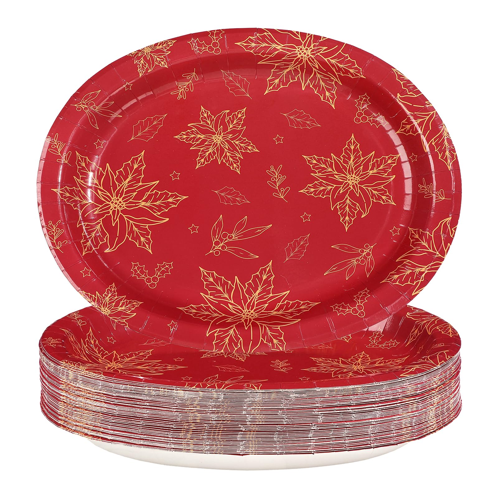 50Pcs Red Gold Poinsettia Oval Paper Plates - Grencian