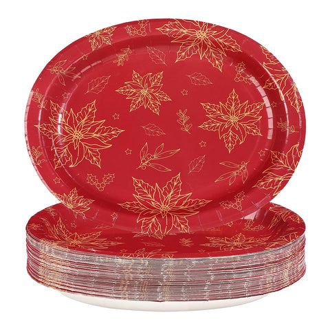 50Pcs Red Gold Poinsettia Oval Paper Plates - Grencian