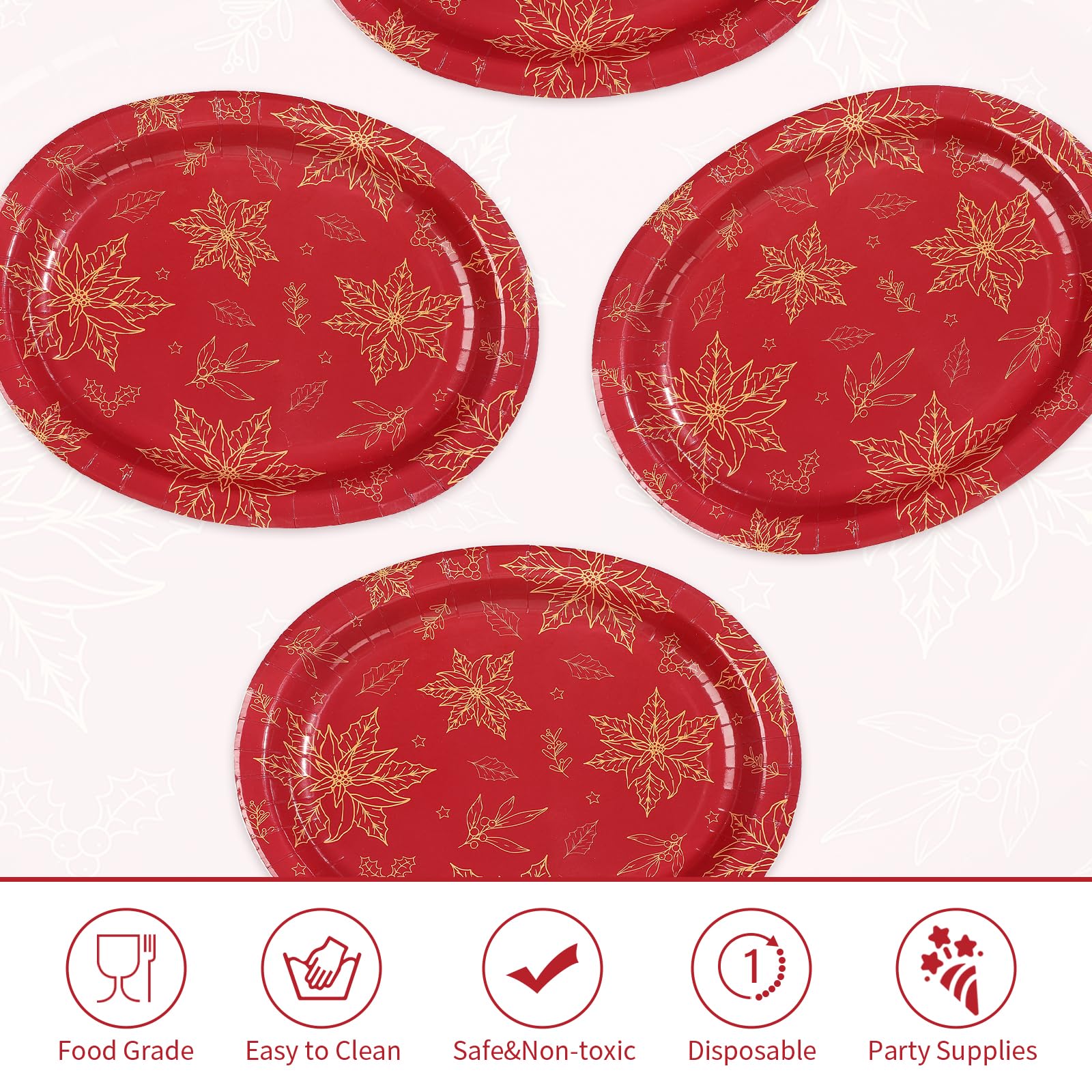 50Pcs Red Gold Poinsettia Oval Paper Plates - Grencian