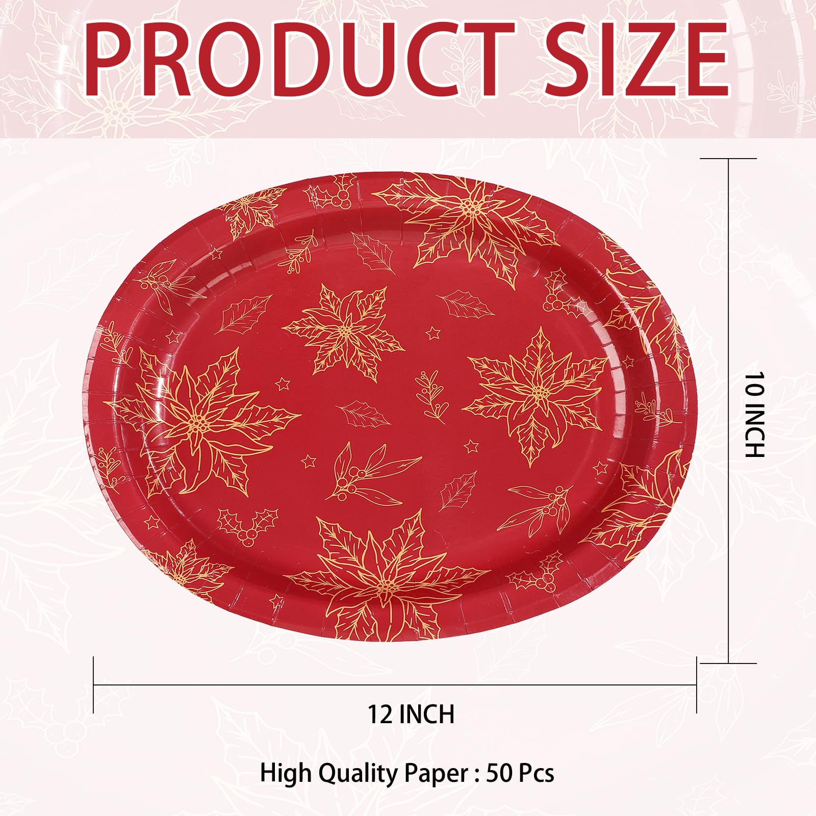 50Pcs Red Gold Poinsettia Oval Paper Plates - Grencian