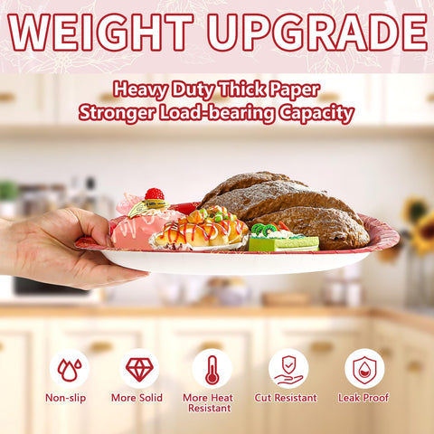 50Pcs Red Gold Poinsettia Oval Paper Plates - Grencian