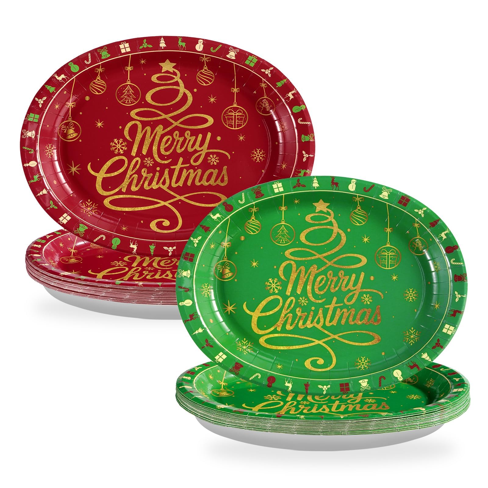 50Pcs Red Green Merry Christmas Oval Paper Plates - Grencian