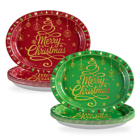 50Pcs Red Green Merry Christmas Oval Paper Plates - Grencian