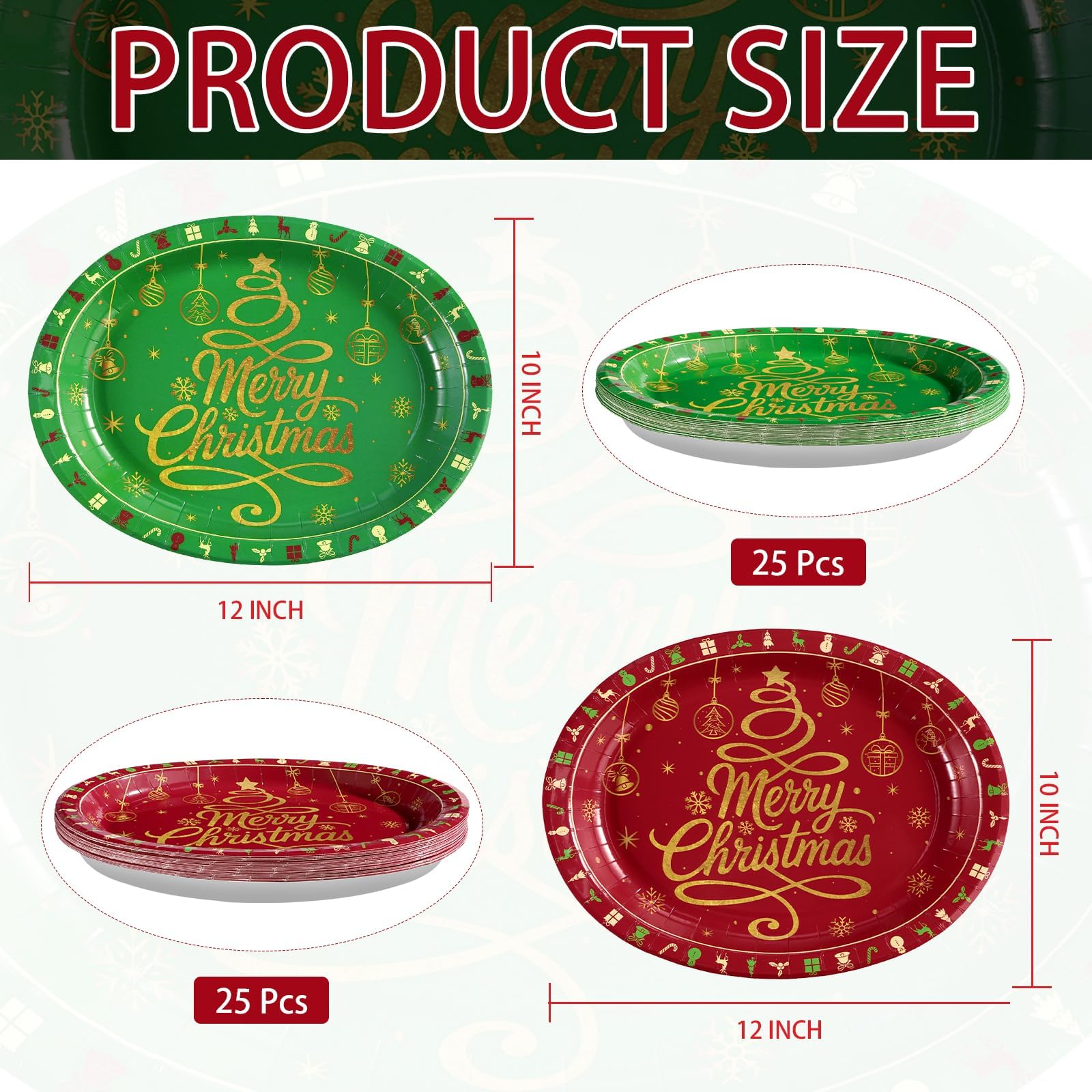50Pcs Red Green Merry Christmas Oval Paper Plates - Grencian