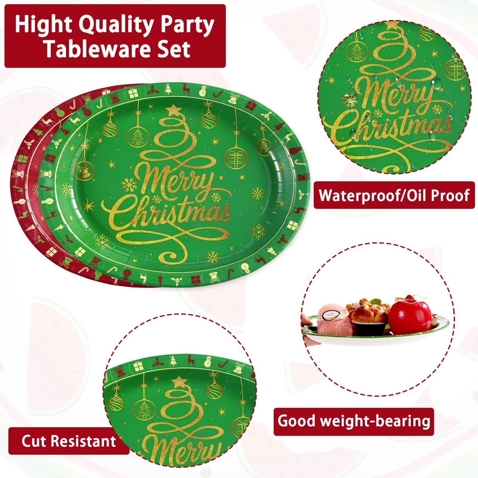 50Pcs Red Green Merry Christmas Oval Paper Plates - Grencian