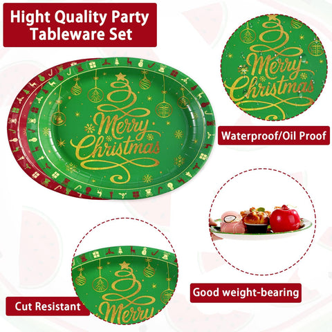 50Pcs Red Green Merry Christmas Oval Paper Plates - Grencian