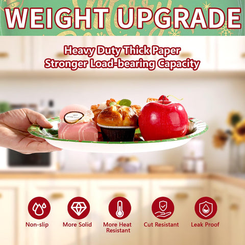 50Pcs Red Green Merry Christmas Oval Paper Plates - Grencian