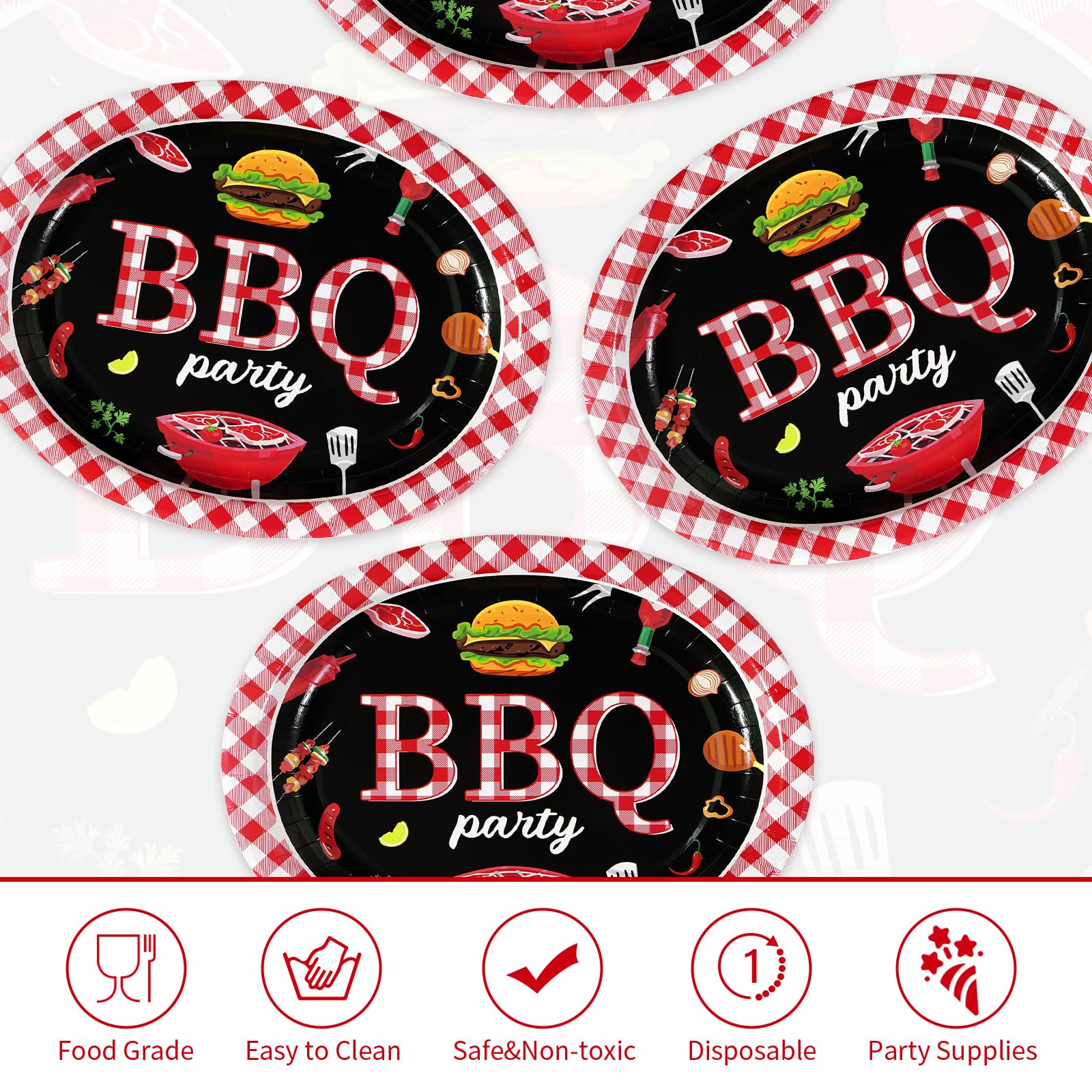 50Pcs Red and Black BBQ Oval Paper Plates - Grencian