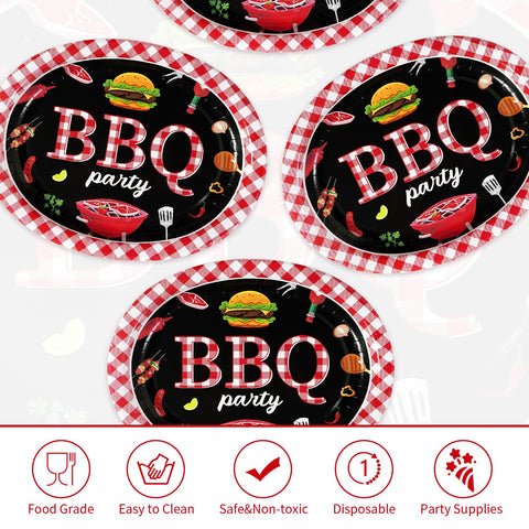 50Pcs Red and Black BBQ Oval Paper Plates - Grencian