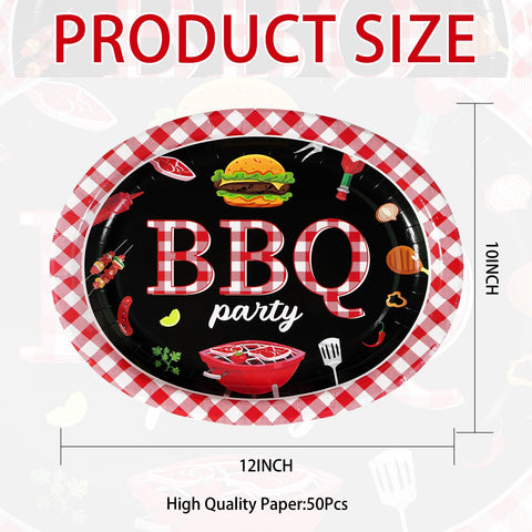 50Pcs Red and Black BBQ Oval Paper Plates - Grencian