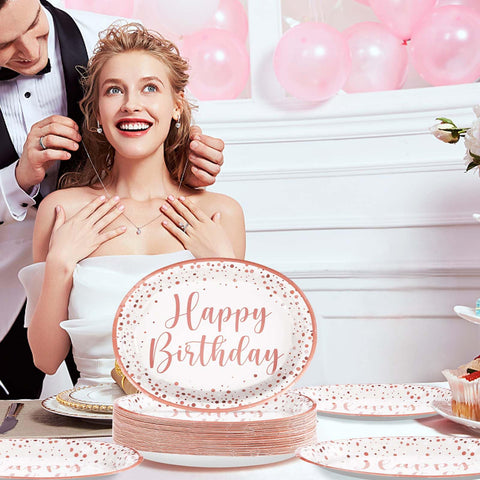 50Pcs Rose Gold Birthday Oval Paper Plates - Grencian