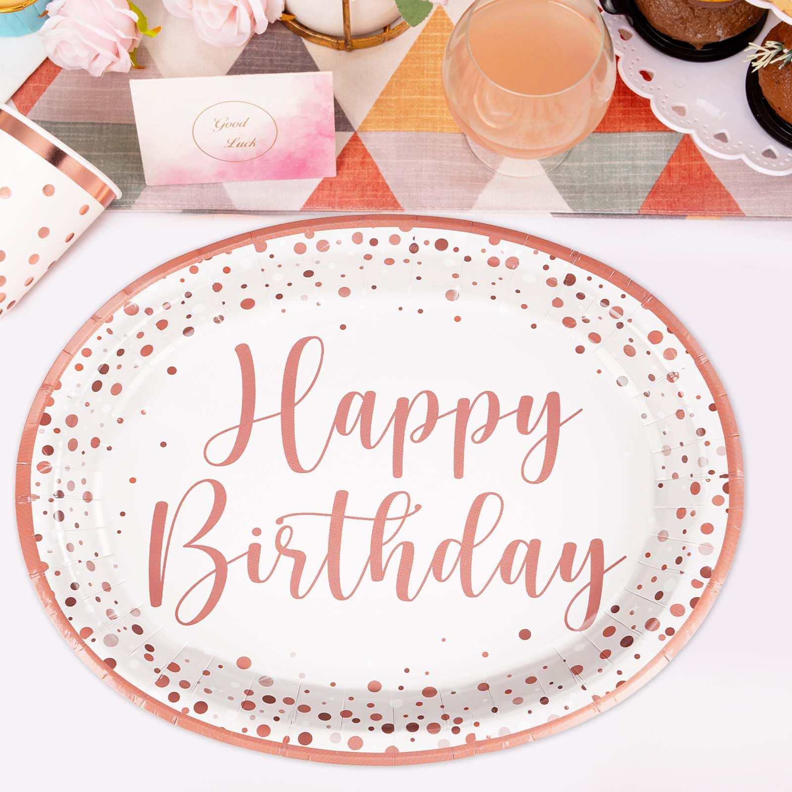 50Pcs Rose Gold Birthday Oval Paper Plates - Grencian