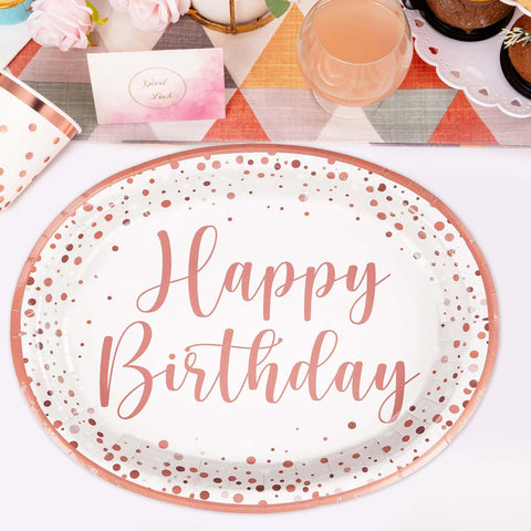50Pcs Rose Gold Birthday Oval Paper Plates - Grencian
