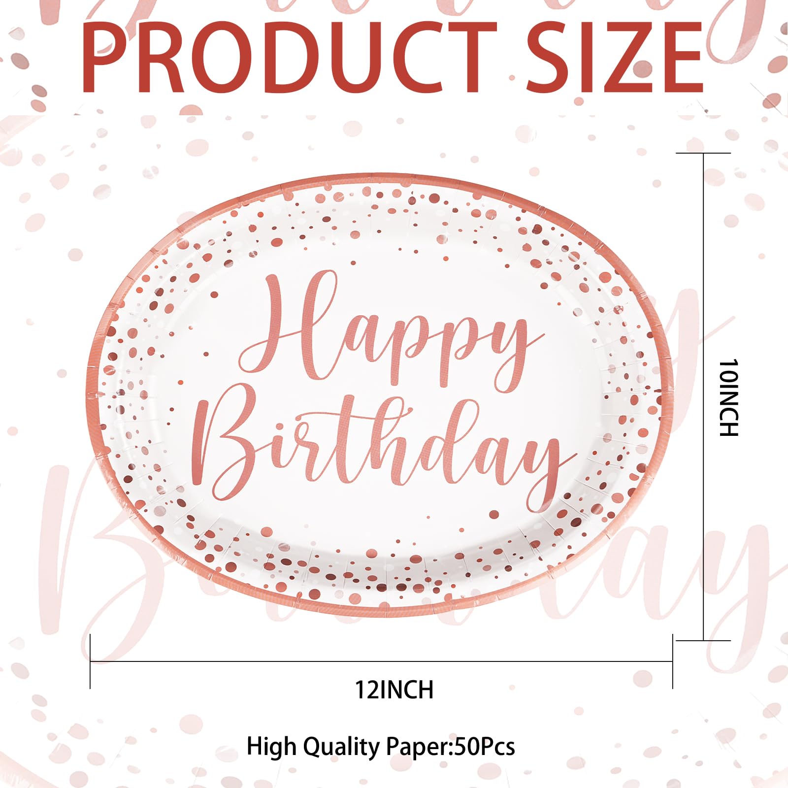 50Pcs Rose Gold Birthday Oval Paper Plates - Grencian