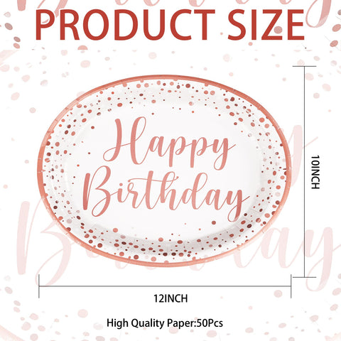 50Pcs Rose Gold Birthday Oval Paper Plates - Grencian