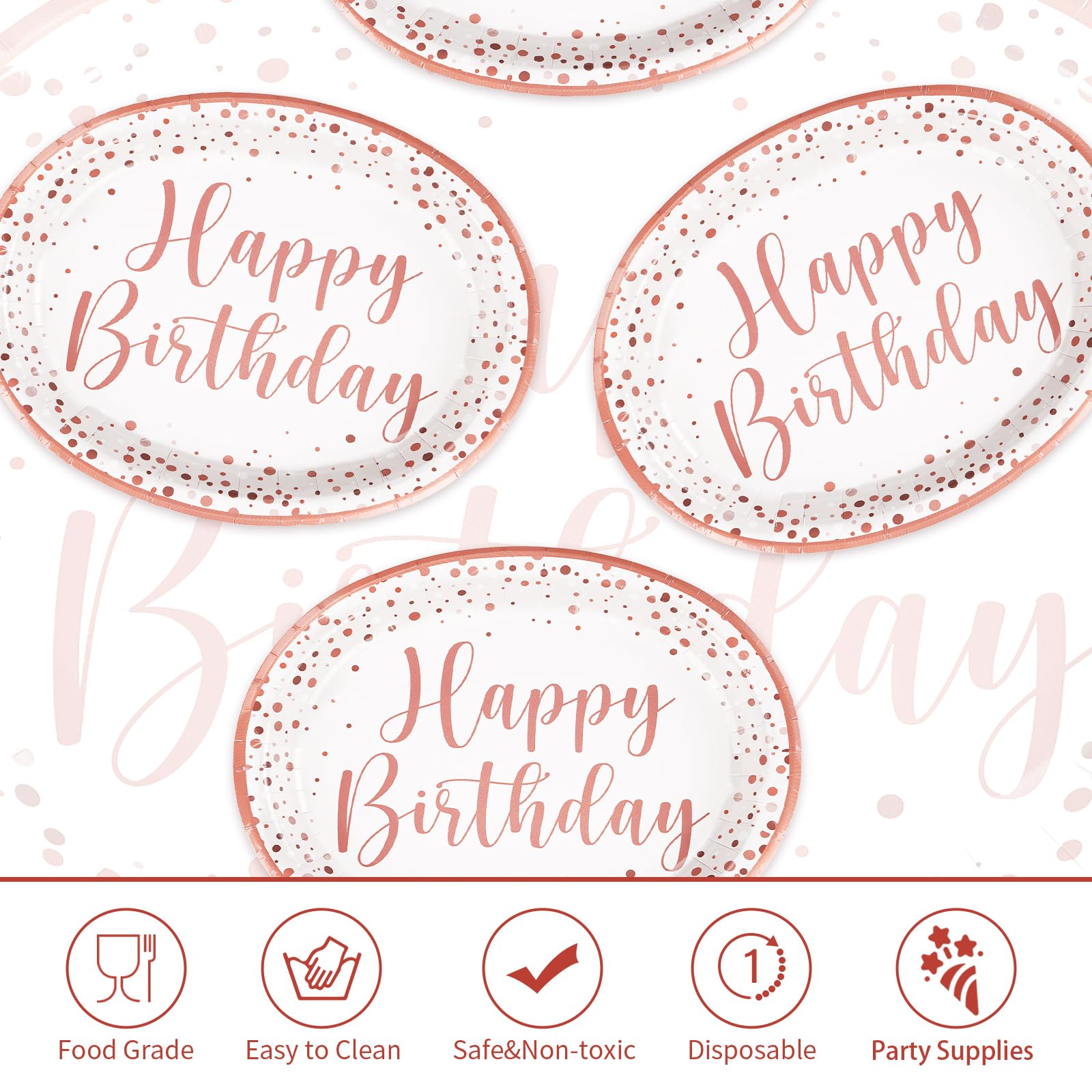 50Pcs Rose Gold Birthday Oval Paper Plates - Grencian