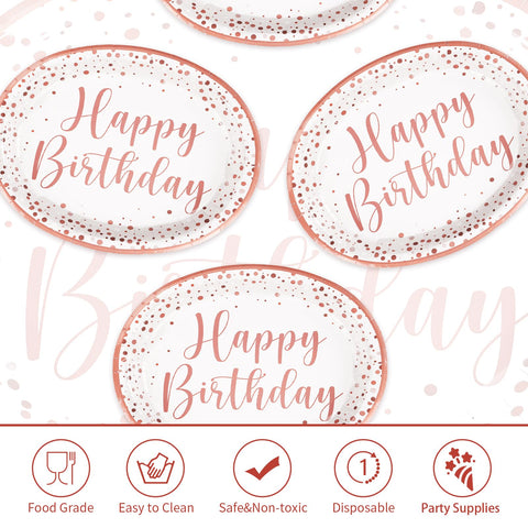 50Pcs Rose Gold Birthday Oval Paper Plates - Grencian