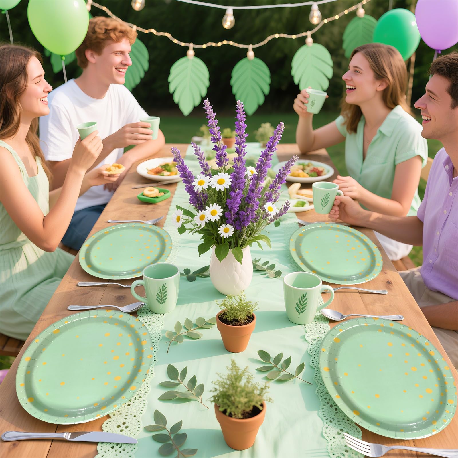 50Pcs Sage Green and Gold Dots Oval Paper Plates - Grencian