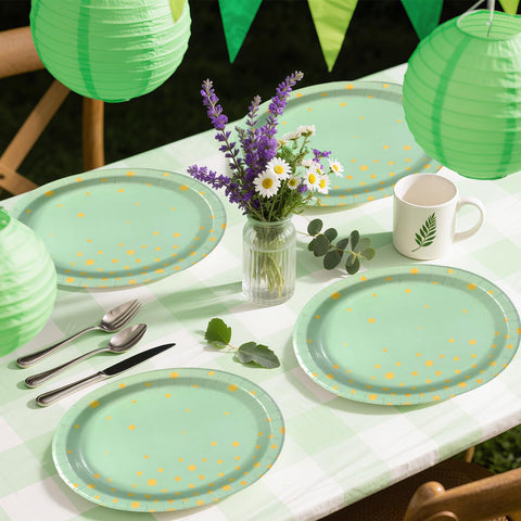 50Pcs Sage Green and Gold Dots Oval Paper Plates - Grencian