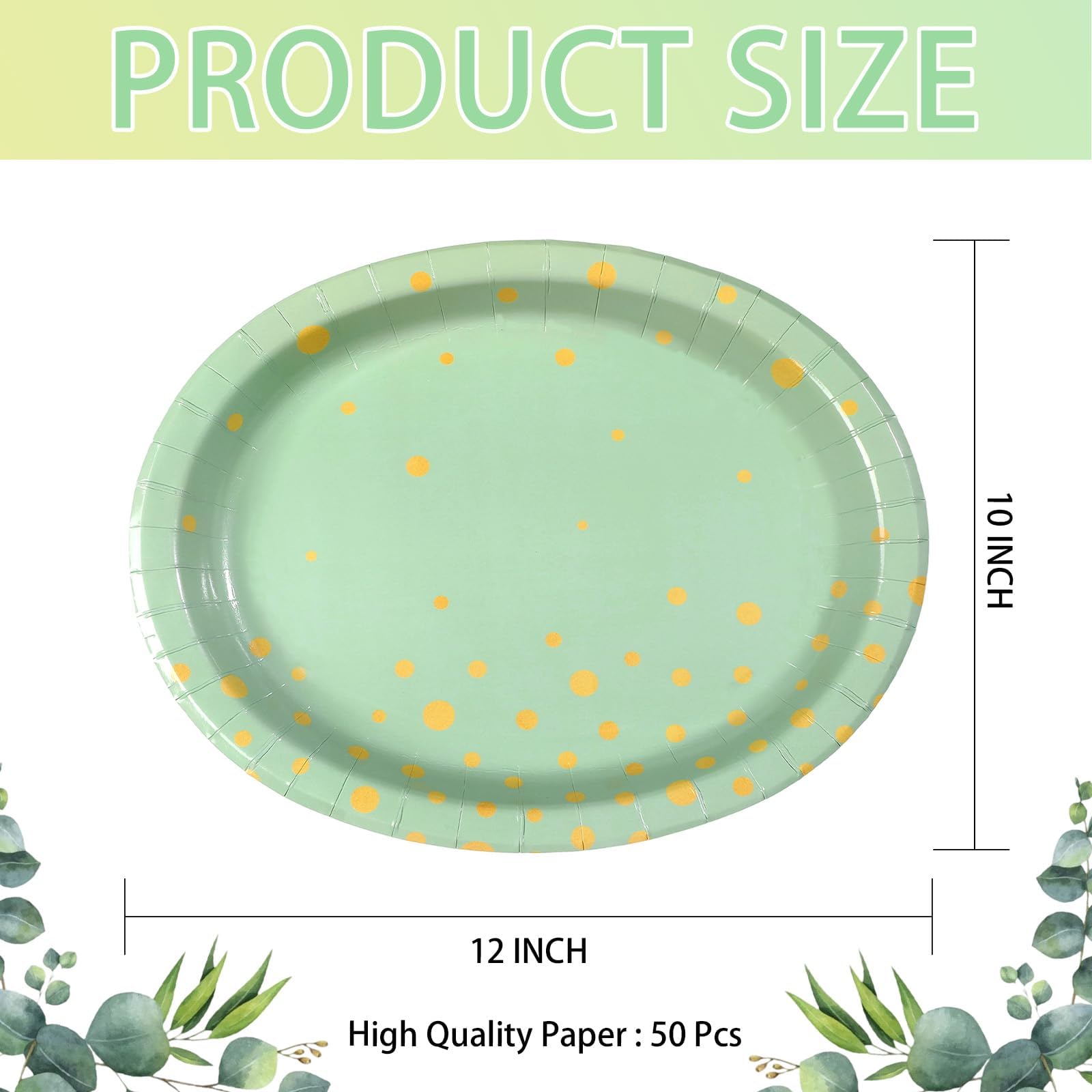 50Pcs Sage Green and Gold Dots Oval Paper Plates - Grencian
