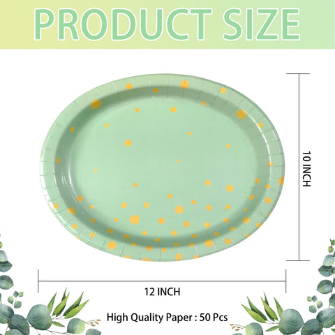 50Pcs Sage Green and Gold Dots Oval Paper Plates - Grencian