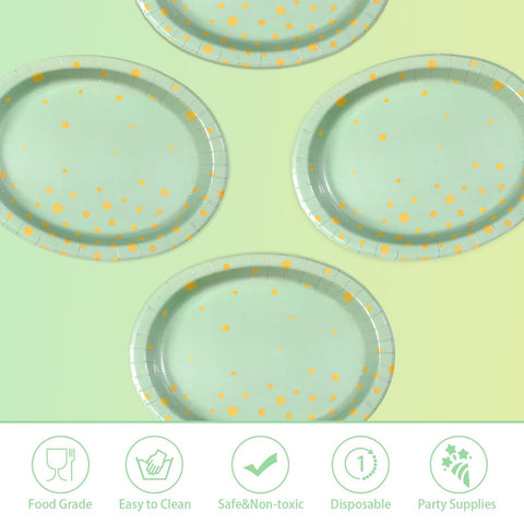 50Pcs Sage Green and Gold Dots Oval Paper Plates - Grencian