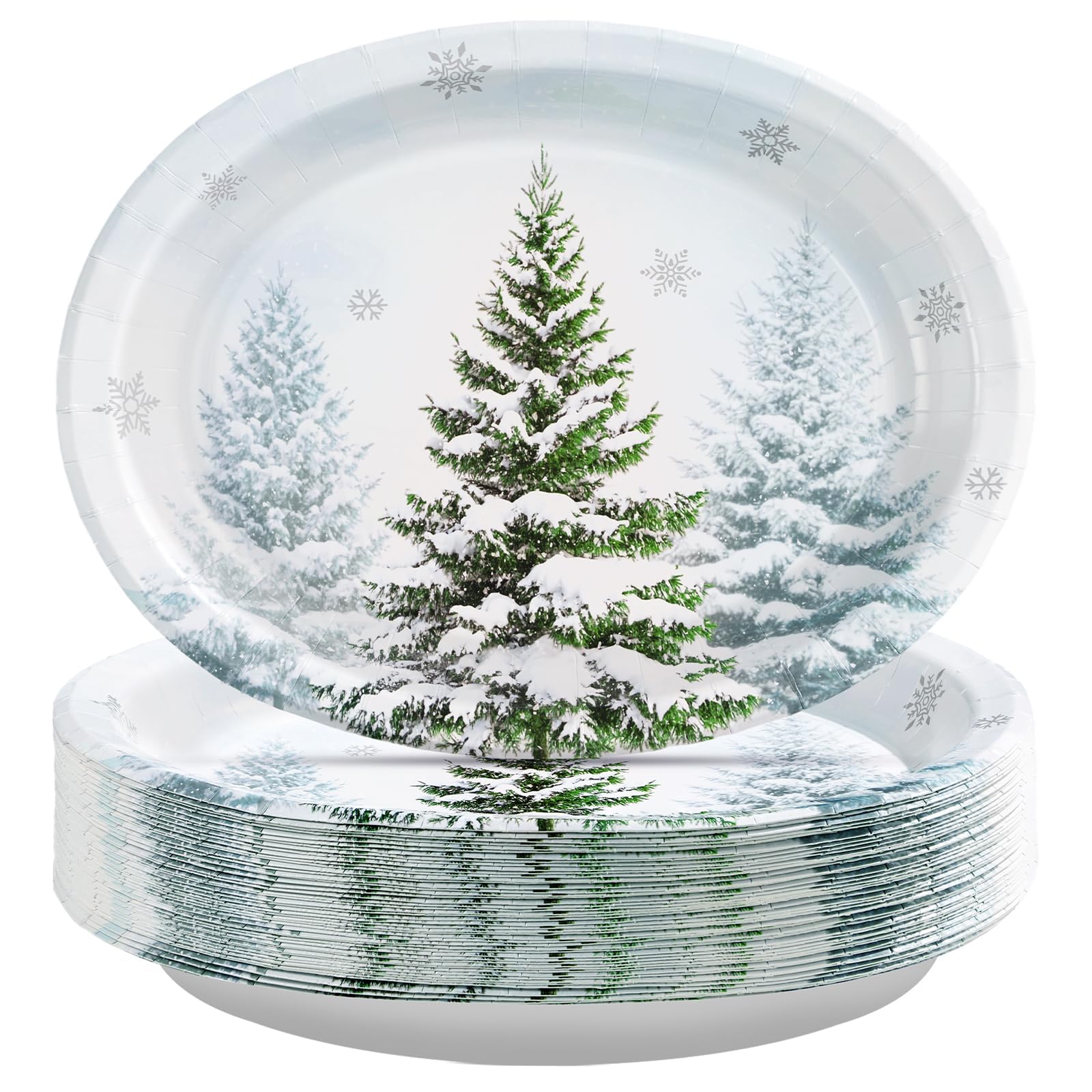 50Pcs Snow Pine Tree Oval Paper Plates - Grencian