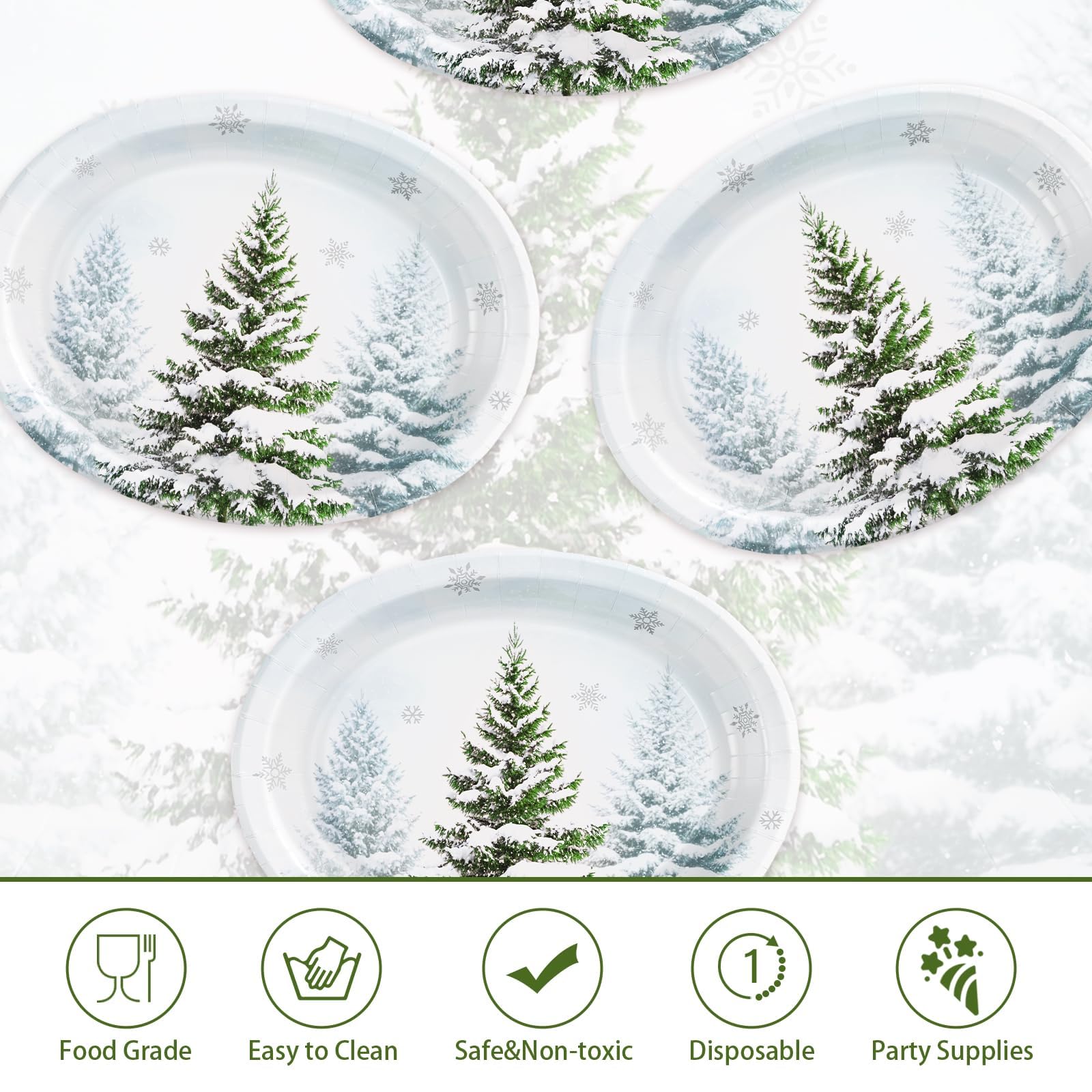 50Pcs Snow Pine Tree Oval Paper Plates - Grencian