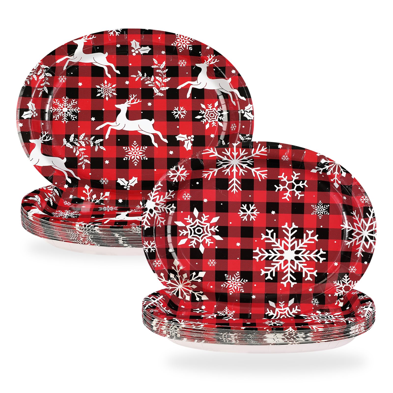 50Pcs Snowflake Red Plaid Oval Paper Plates - Grencian
