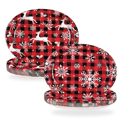 50Pcs Snowflake Red Plaid Oval Paper Plates - Grencian