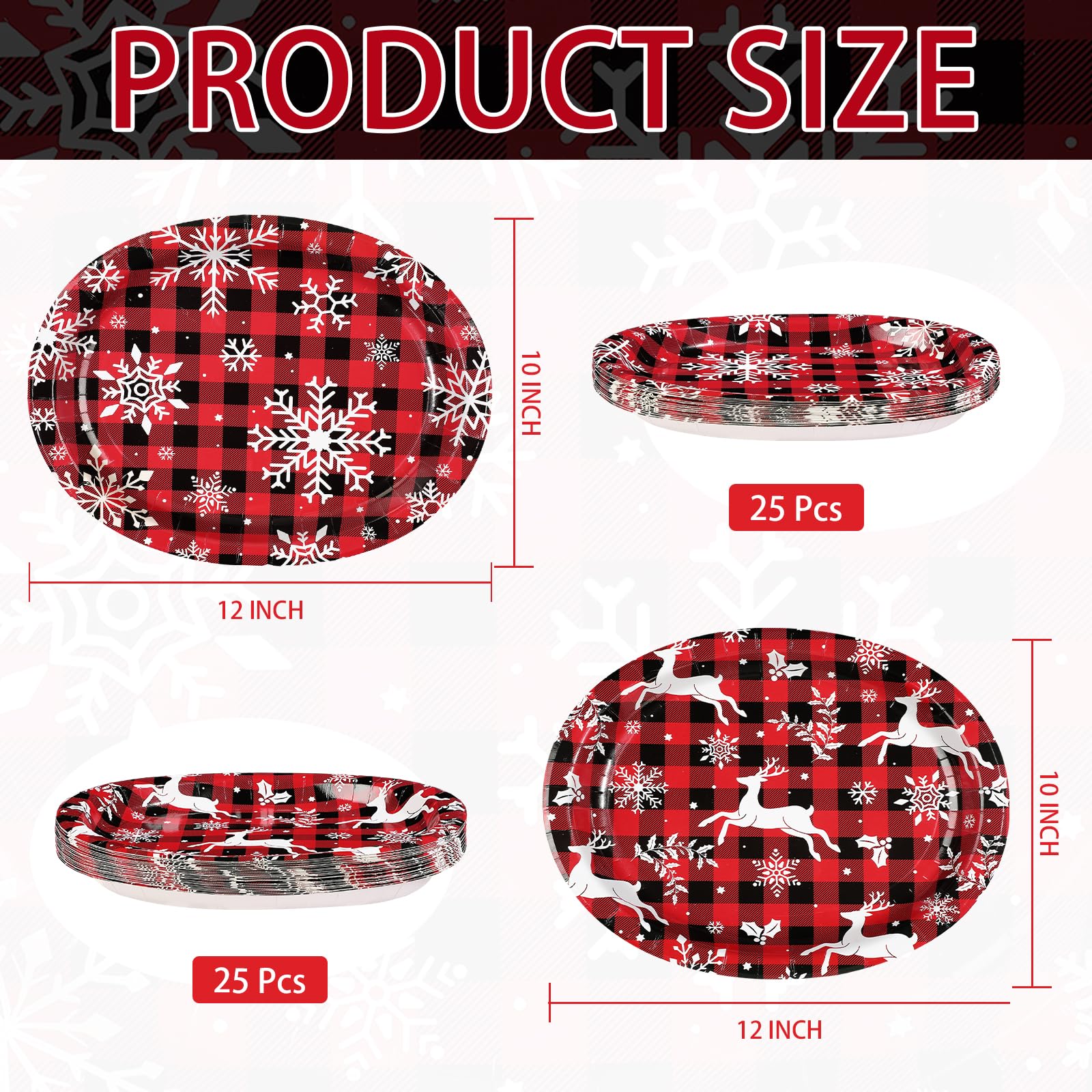 50Pcs Snowflake Red Plaid Oval Paper Plates - Grencian