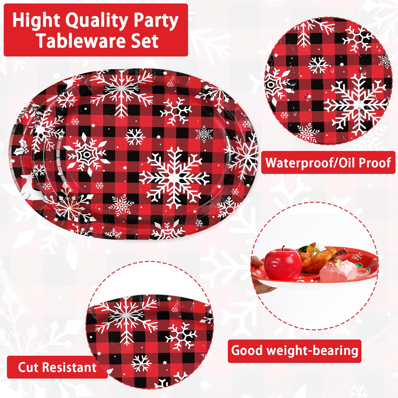 50Pcs Snowflake Red Plaid Oval Paper Plates - Grencian