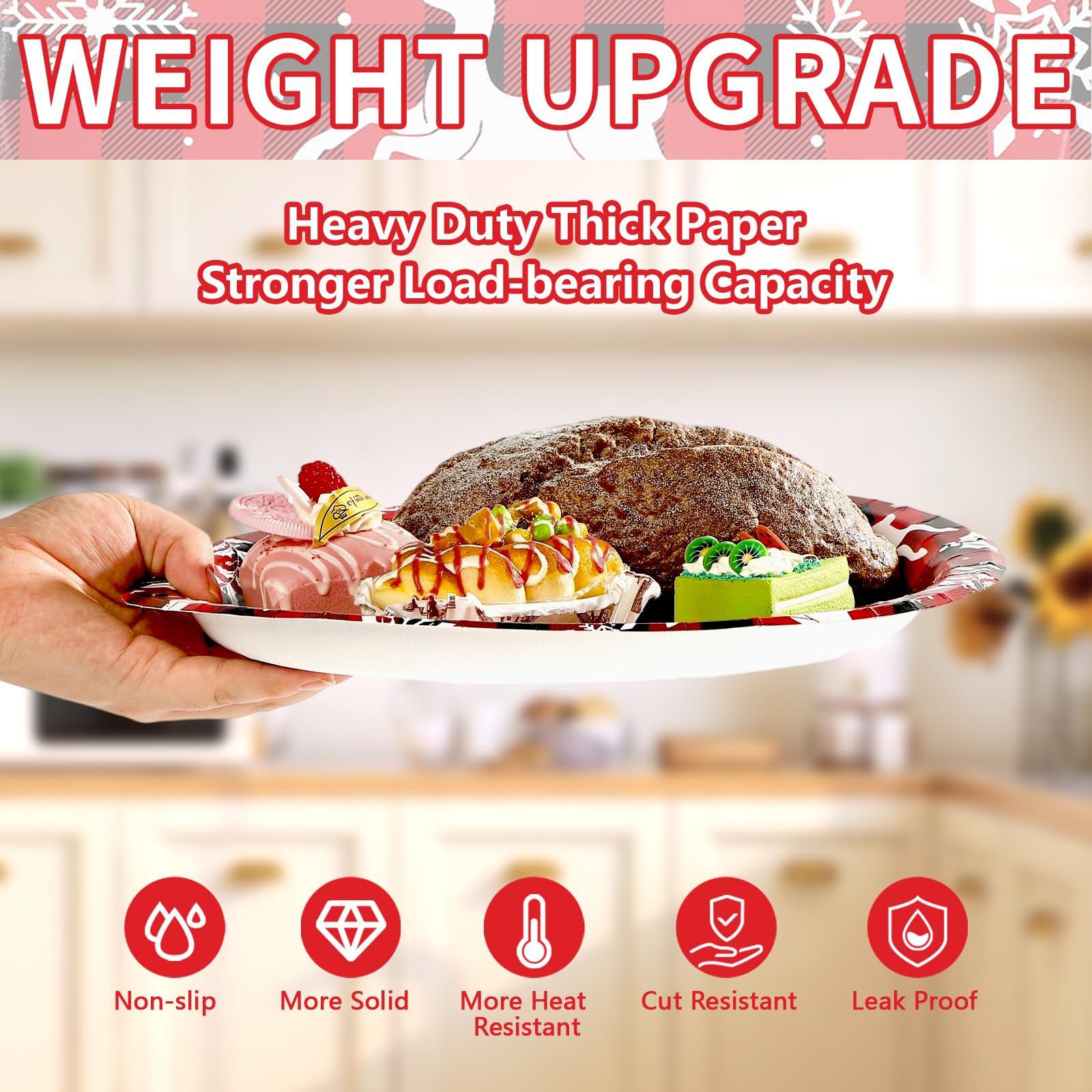 50Pcs Snowflake Red Plaid Oval Paper Plates - Grencian