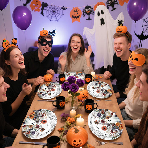 50Pcs Spooky Ghost Pumpkin Wildflower Oval Paper Plates - Grencian