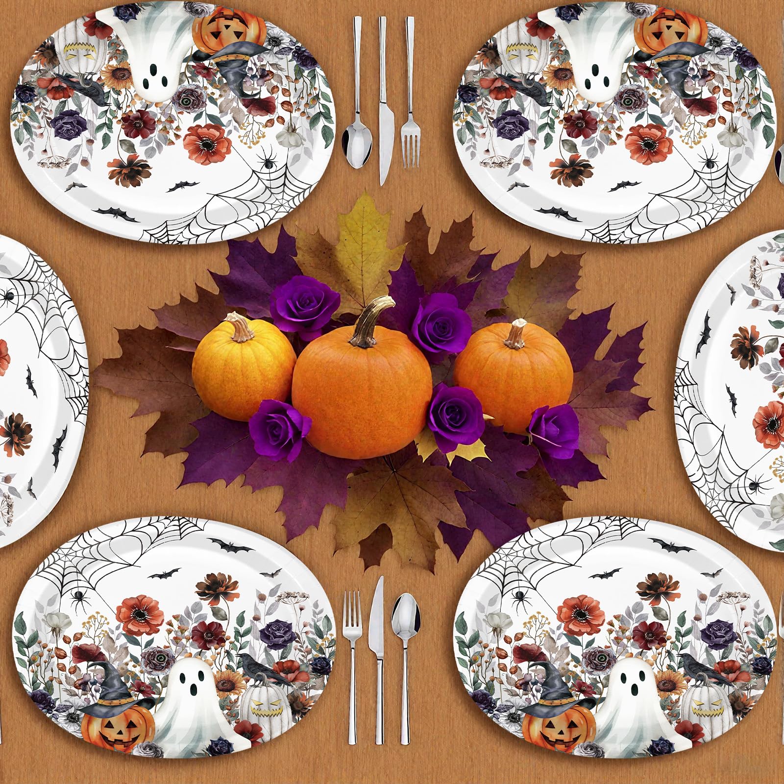 50Pcs Spooky Ghost Pumpkin Wildflower Oval Paper Plates - Grencian