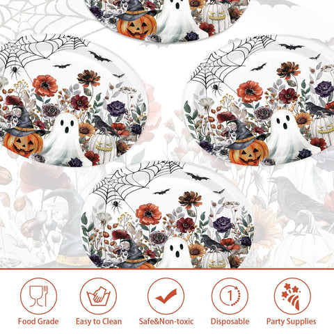 50Pcs Spooky Ghost Pumpkin Wildflower Oval Paper Plates - Grencian