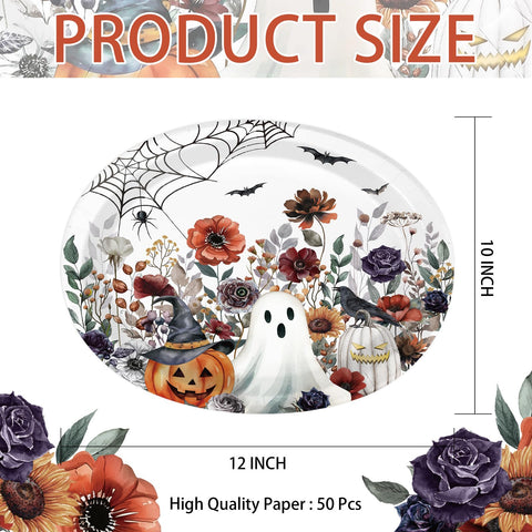 50Pcs Spooky Ghost Pumpkin Wildflower Oval Paper Plates - Grencian