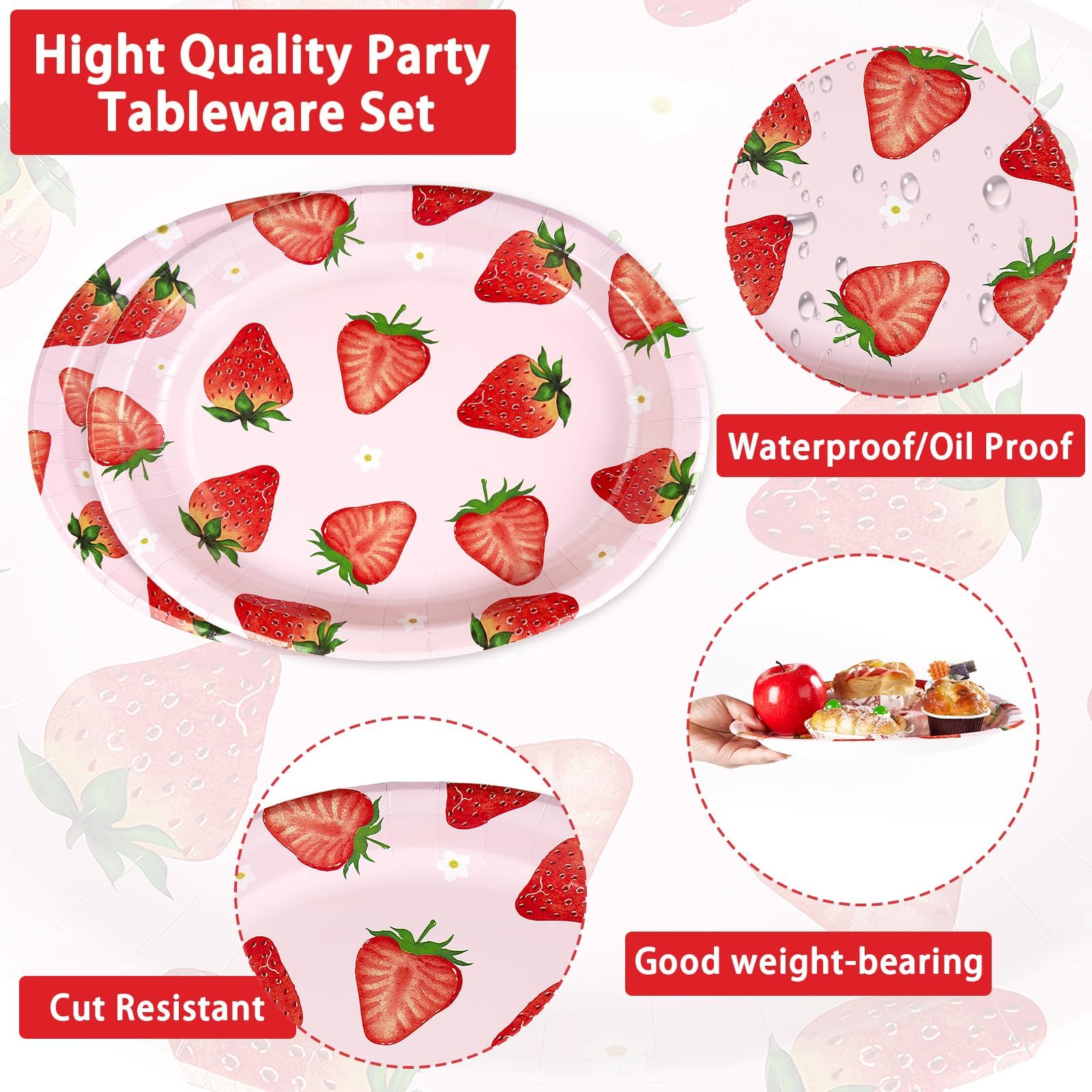 50Pcs Strawberry Oval Paper Plates - Grencian