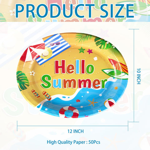 50Pcs Summer Beach Oval Paper Plates - Grencian
